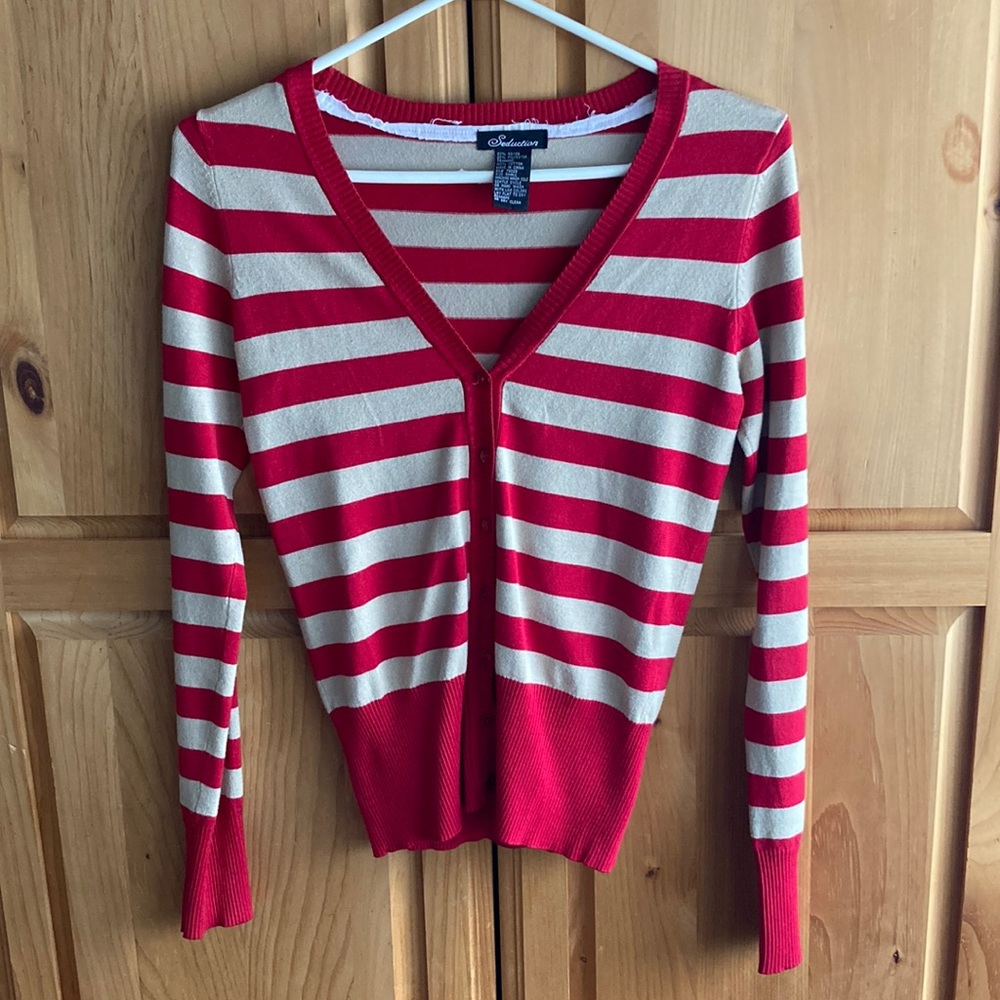 Red/Beige Stripe Button Up Cardigan
